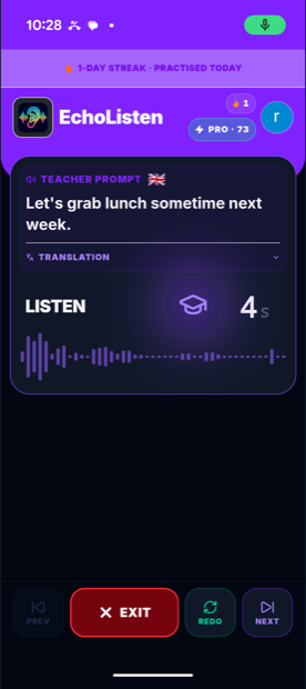 EchoListen shadowing screen in dark mode