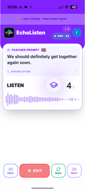 EchoListen Shadowing — Listen stage with the teacher prompt and waveform