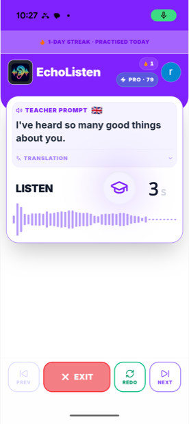 EchoListen shadowing screen in light mode