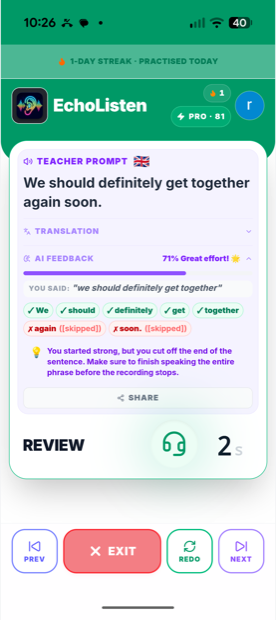 EchoListen Shadowing — Review stage showing the AI pronunciation score