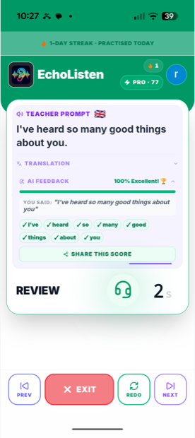 Review card feeding the Focus Plan with word-level results