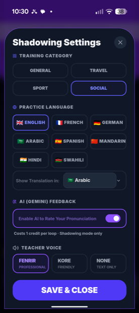 Shadowing settings — training category, language and teacher voice