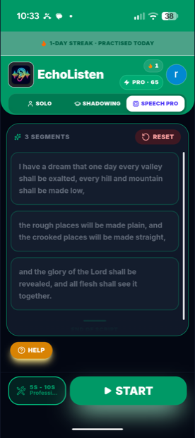 Speech Pro — script split into segments